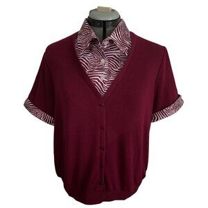 Blair Womens M Burgundy Faux 2 Pc Sweater With Zebra Print Collared Shirt